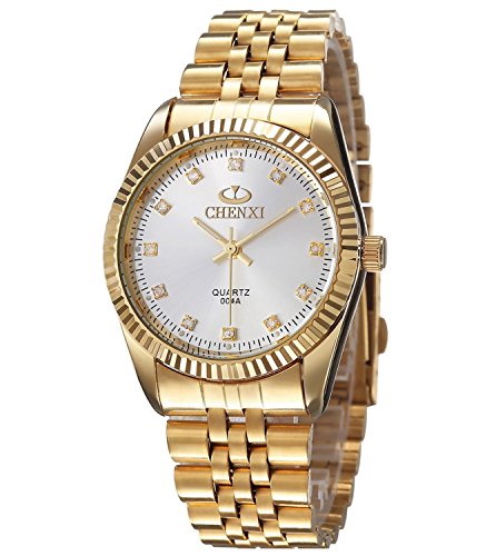 PASOY Unisex Gold Watch Men's white Face with Diamonds Stainless Steel Band waterproof Quartz Watch