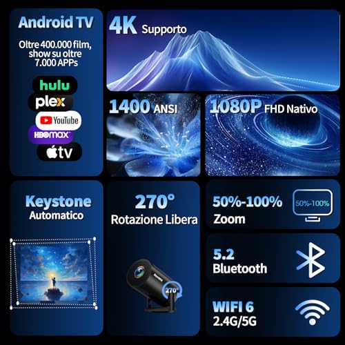 1080P FHD Projector [2026 Upgraded] Mini Portable Projector 4K with WiFi 6 BT 5.2 Video Projector Supports 270° Rotary Projector Car Keystone TV Stick/USB/HDMI/PC with HDMI Cable & Mouse, Black