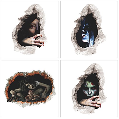 4 Pack Halloween Removable 3D Wall Stickers Zombie Ghost Bleeding Girl PUB Party Decoration
