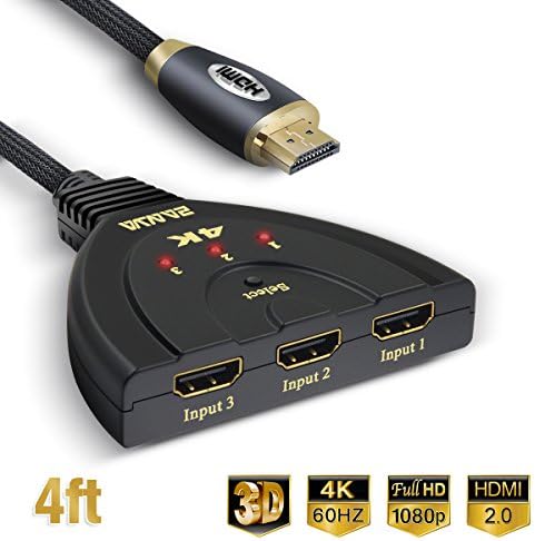 HDMI 4K Switch Box 3X1 ZANYA HDMI 2.0 Switch 3 Ports 4K 60Hz HDMI in Splitter Switch with Pigtail Cable Supports Full HD 4K 1080P 3D UHD Player