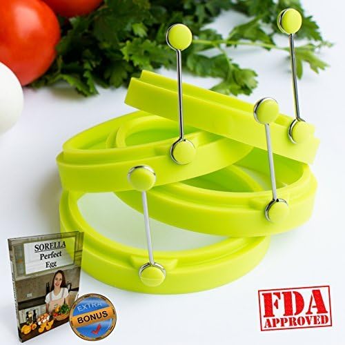 Premium 4 Cooking Silicone Egg Rings By SORELLA | High Quality Nonstick Silicone Rings With Handles | Ideal For Omelets, Burgers, Pancakes, Fried Eggs & More|Thick, Heat Resistant Molds | Bonus Ebook