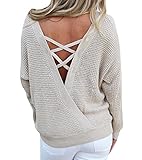 Imily Bela Women's Loose Round Neck Pullover Criss Cross Backless Sweater Knit Jumper