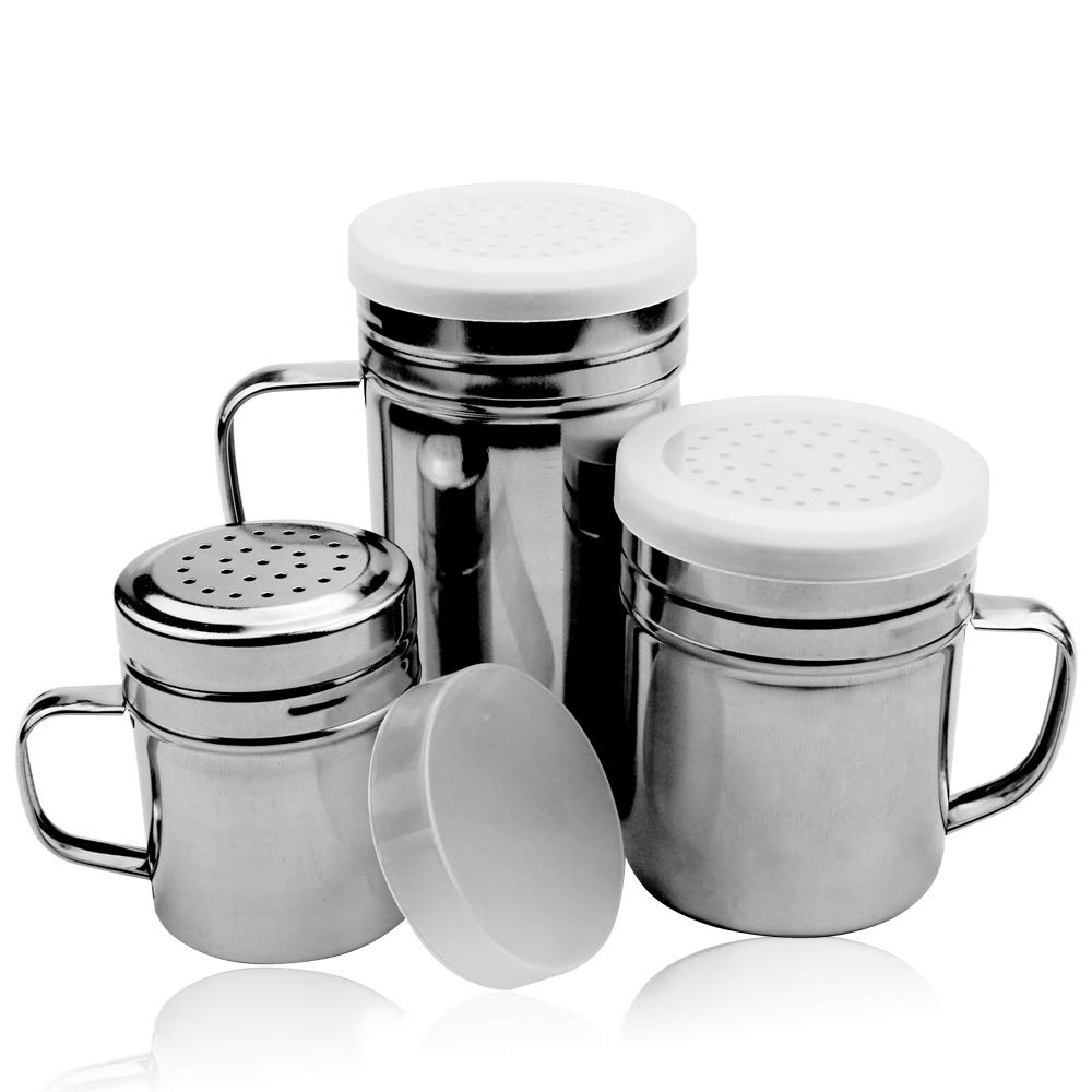 LeonBach 3 Pack Stainless Steel Seasoning Shaker Bottles with Handles and Lids, Spice, Sugar, Salt Shaker, 3 Sizes