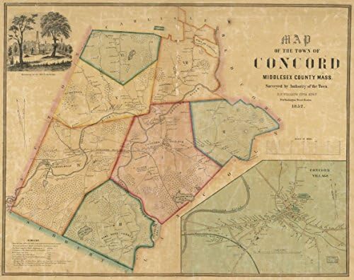 Historic Prints 18" x 24" 1852 Map of The Town of Concor Middlesex County Mass