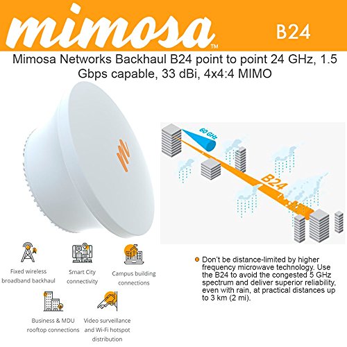 Mimosa Backhaul B24 point-to-point 24 GHz, 1.5 Gbps capable, 33 dBi, 4x4:4 MIMO, PoE Power Supply, Gigabit ethernet (RJ45) and gigabit fiber (SFP cage), Operation modes: Hot standby