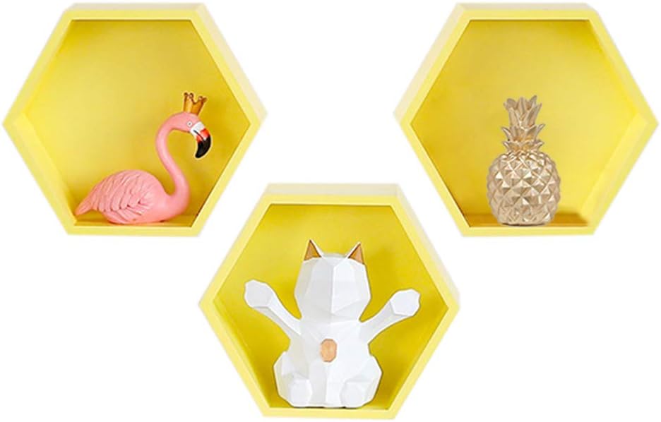 Baffect Set of 3 Hexagon Shelves Floating Hexagonal Wall Shelf,Wooden Box Shelf Hexagonal Floating Shelves Hexagon Shelf for Wall Hanging Shelf Organizer (Yellow)