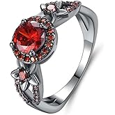 WDIYIEETN Fashion Jewelry Fire Opal CZ Round Red Ruby Ring 18k Black Gold Ring Black Gothic Ring Red Cubic Zirconia Crystal Diamond Flower Ring Wedding Jewelry for Women(10)