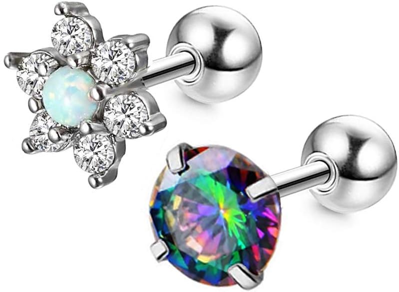 16g Tragus Surgical Stainless Steel Diamond Opal Cubic Zircon Studs Cartilage Earrings Helix Stud Body Piercing Jewelry 6mm Bar Set