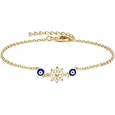 14k Gold Evil Eye Bracelets for Women,Adjustment Dainty Gold Protection Bracelets Blue Evil Eye Sparkle Rhinestone Bring Luck Prosperity