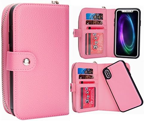 iPhone X Wallet Case, HYSJY Magnetic Detachable Flip Leather Case Purse With Card Holder Slots Wristlet Strap Zip Pocket Removable Slim Back Cover for iPhoneX (Pink)