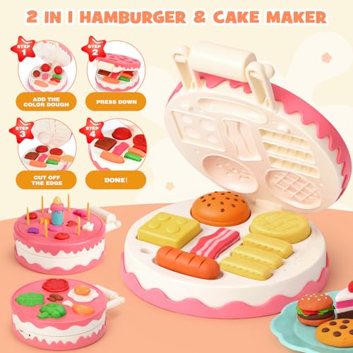 Dreamon 3 in 1 Play Color Dough Set - Ice Cream Noodle Hamburger Maker Machine, Dough Tools Accessories Set, Play Kitchen Accessories, Art Crafts Food Toys for Kids 3 4 5 Years Old
