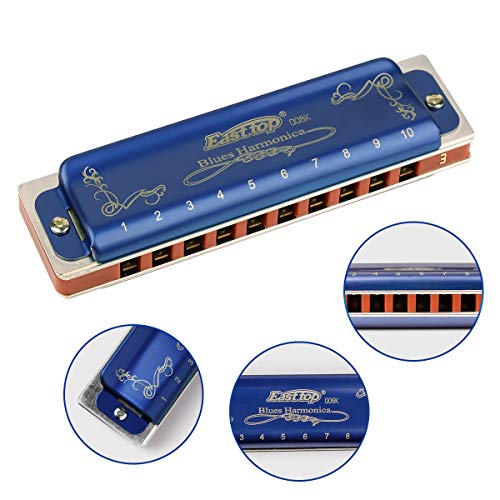 Easttop Professional Harmonica Blues Key of E 10 Hole 20 Tone Heavy Duty with Case & Cleaning Cloth for Professional Player, Beginner, Students, Children, Kids, Blue,Best Gift