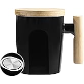 HOWAY Flat Bottom Mug with Wood Lid, Ceramic Tea Cup for Coffee Warmer, Flat Bottomed, Wooden Handle, 14oz