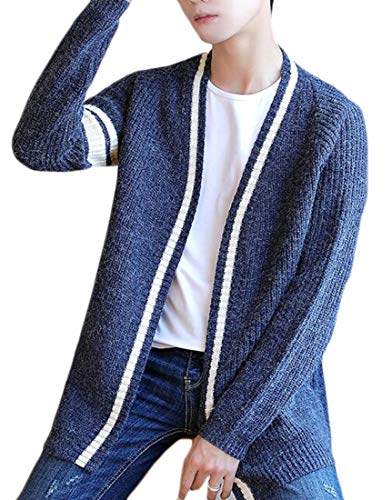 JXG Men Knitted Open Front Outwear Long Sleeve Jacket Stripe Print Cardigan Coat Navy Blue US L