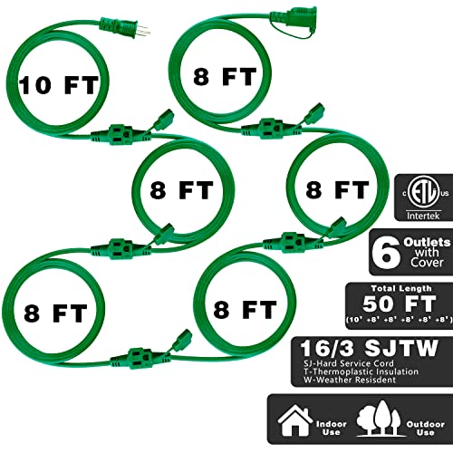 KASONIC Outdoor Extension Cord 50 FT, Evenly Spaced 6 Outlets Plugs, 16