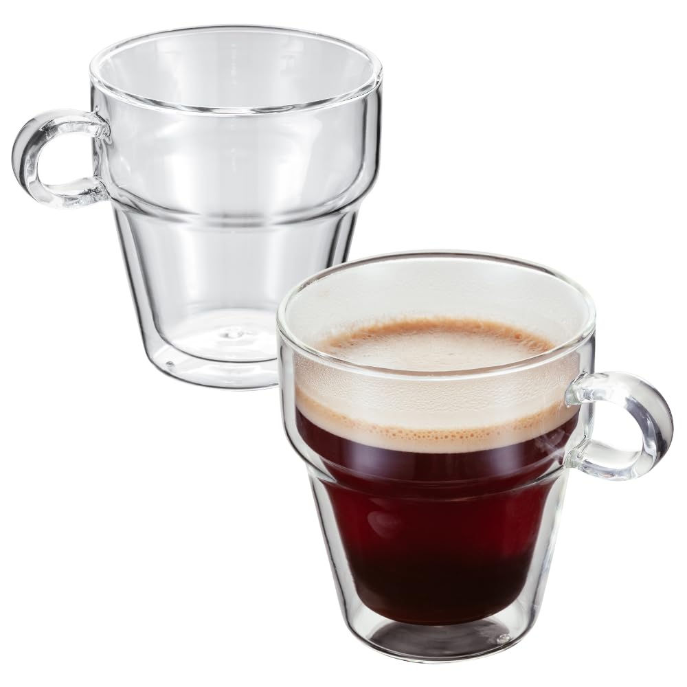 Judge Double Walled Glass Coffee Handled Mugs, Set of 2, 200ml - Vacuum Insulated, Handcrafted Artisan - Strong & Heat Resistant