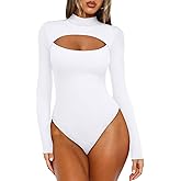 REORIA Women's Mock Neck Cutout Front Bodysuit Trendy Going Out Long Sleeve Body Suits Tops Fall Outfits 2025