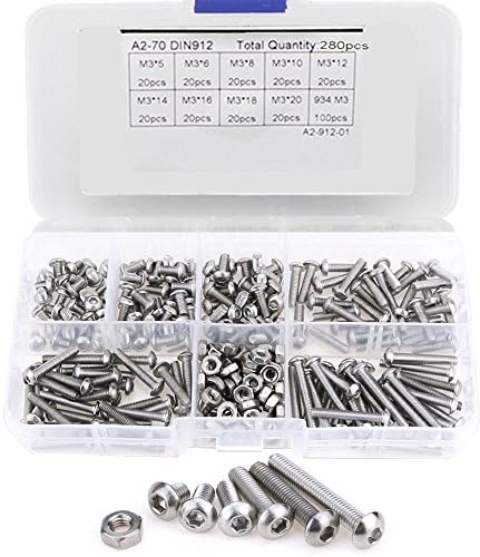 SWET [280-Piece] Metric M3 Pan Button Head Hex Socket Cap Screws Nuts Set Assortment Kit, M3 Hex Bolt Socket Head Cap Screw Kit [304 Stainless Steel] [Fully Threaded] [High Strength] with Storage Box