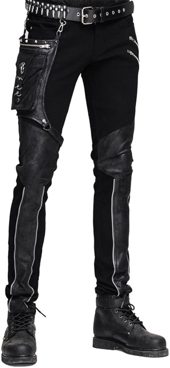 Amazon Devil ファッション パンク メンズ スモールバッグ オートバイ ストレッチ ペンシルレギンス ゴシックポケットパンツ パンツ 通販
