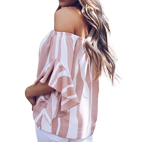 Women's Loose Striped 3/4 Bell Sleeve Off The Shoulder Front Tie Knot T Casual Shirt Tops Blouse (Pink, M) - Thumbnail 2