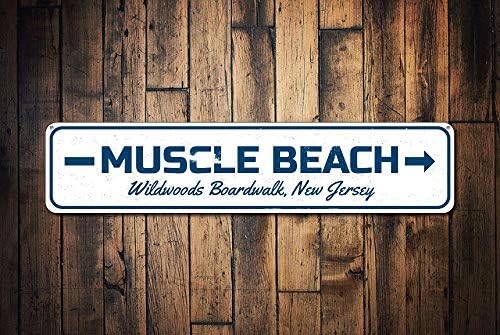 Muscle Beach Sign, Personalized Arrow Boardwalk Location Sign, Custom Beach House Sign, Metal Boardwalk Decor,Metal Sign, 4" x 18"