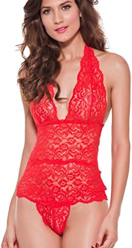 LOVEDATE Women Sexy Halter Babydoll Lingerie One Piece Lace Corset Mini Jumpsuit (XX-Large, Red)