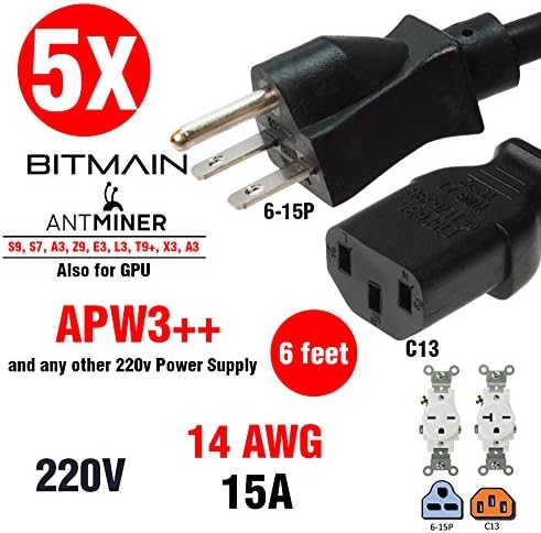 5 x HEAVY DUTY Power Cord 220-250v UL 14 AWG 6-15P Works for BITMAIN ANTMINER