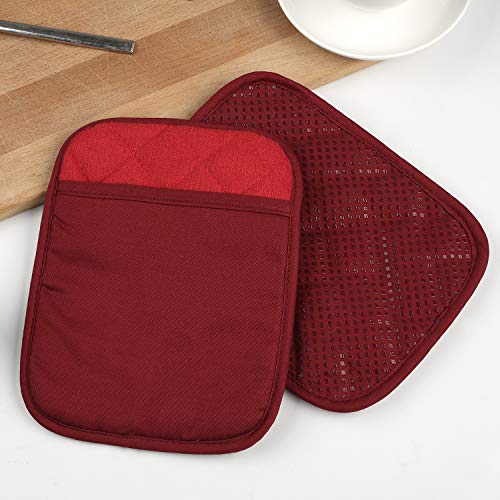 100% Cotton with Silicone Kitchen Everyday Basic Pot Holder Heat Resistant Coaster Potholder Oven Mitts with Pocket for Cooking and Baking Set of 2 Red - Thumbnail 7