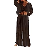 Thopavenoir Womens Lace Ruffle Pajama Set 2 Piece Tie Front Cute Floral Printed Cotton Shirt and Long Pants Sleepwear
