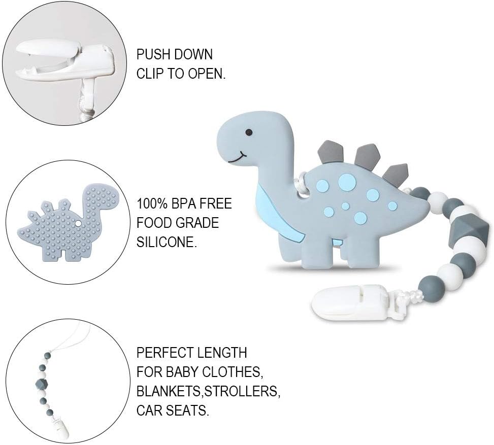 Baby Dinosaur Teething Toys, BPA Free Food Grade Silicone Teether with Pacifier Clip, Highly Effective Pain Relief for Boy and Girl, Freezer Safe Teething Egg (Gray) : Baby