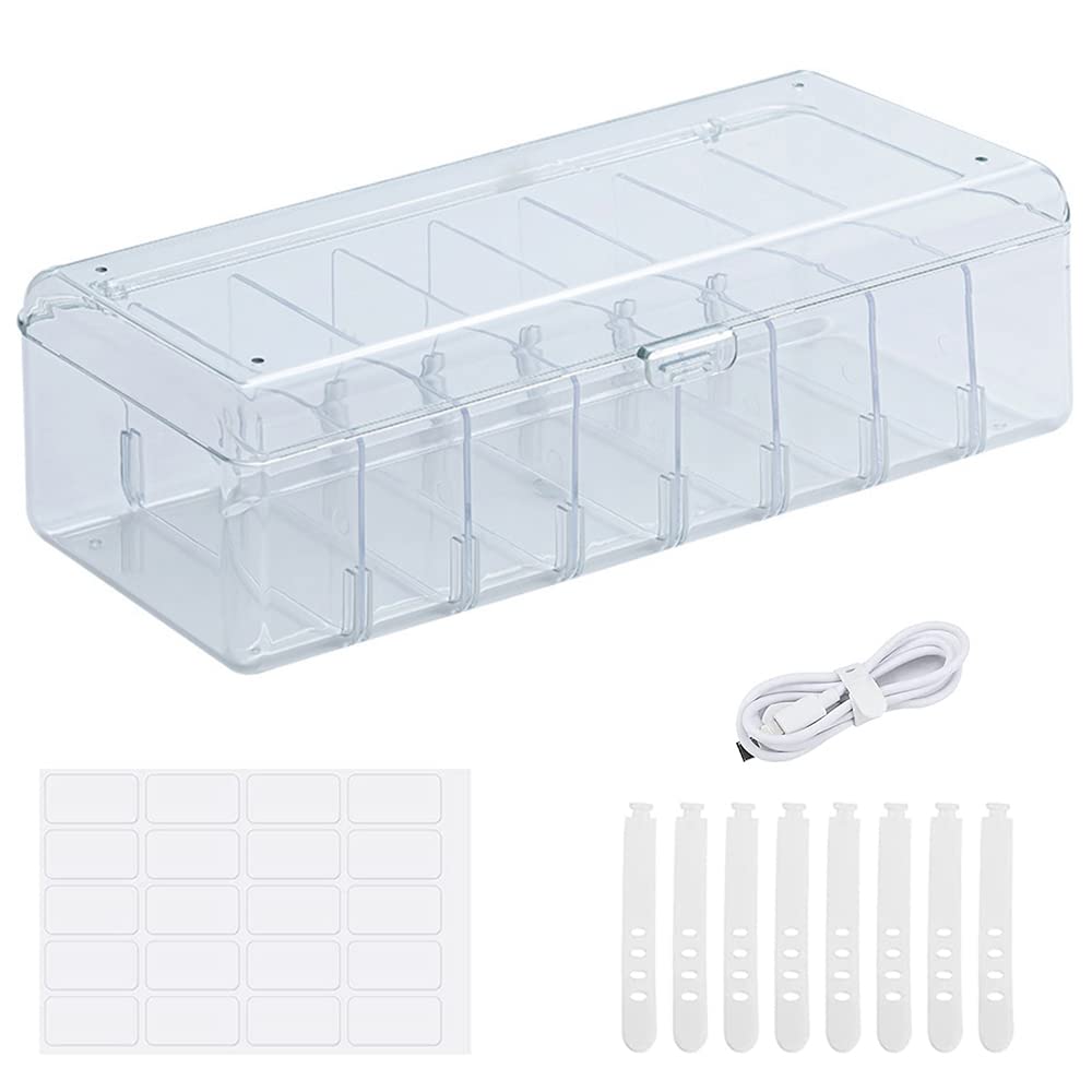 Data Cable Storage Box with 8 Cable Ties, Cable Management Box Hub Sorting Box with Lid, Desktop Cable Tidy Box with 9 Compartments for Cable Organiser(Transparent)