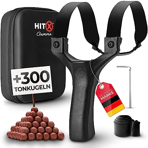 HITX® Zwille Steinschleuder Profi Bundle Set | Für Große Hände & Einfacher Clip-Technik | Slingshot Schleuder mit Gummiband Extra Stark | + 300 Tonkugeln | Bundle Set mit Ersatzgummi | Gamma