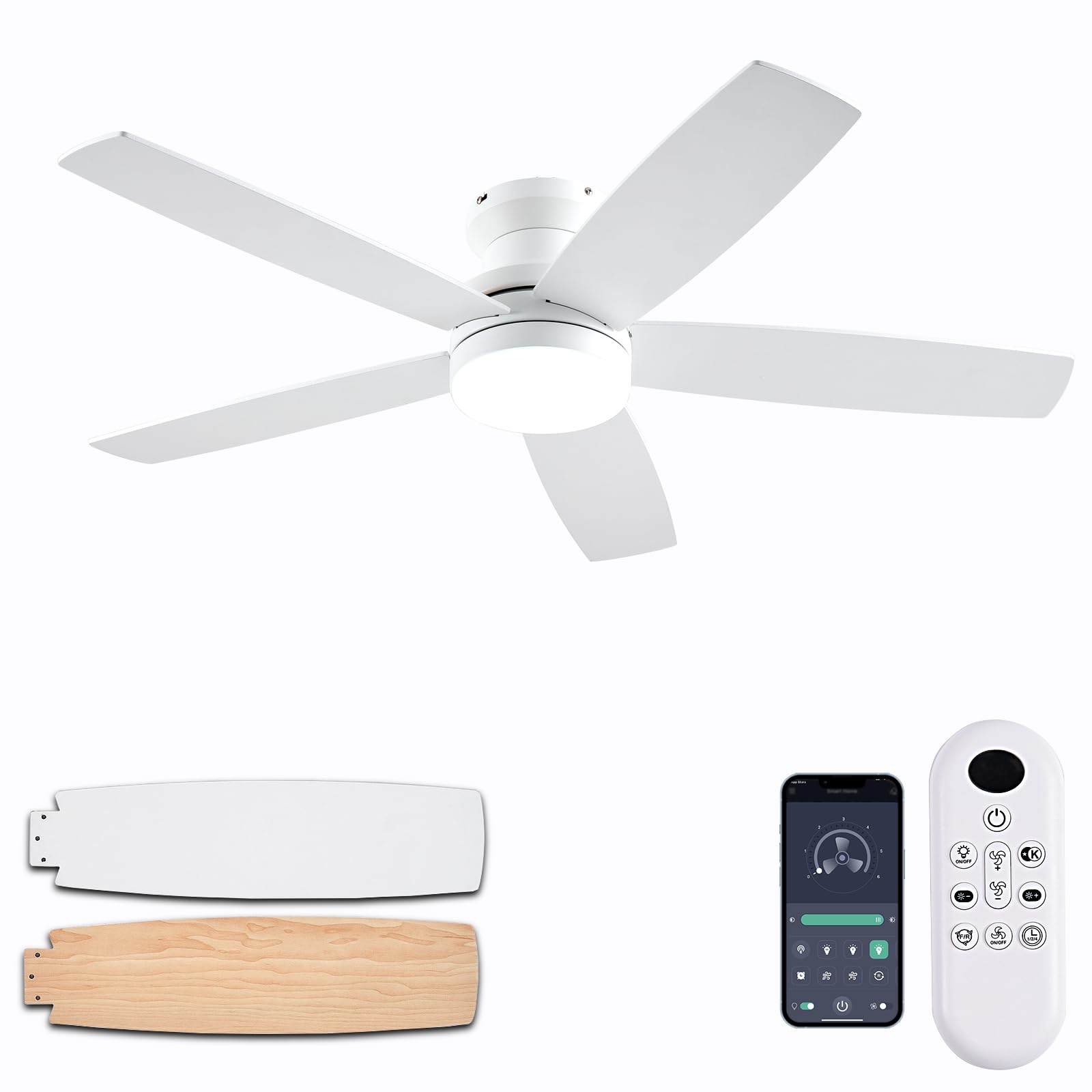 Photo 1 of NKPU White Ceiling Fans with Lights, 48Inch Low Profile Ceiling Fan with Light and Remote/App Control, Flush Mount, Reversible, 3CCT, Dimmable, Noiseless, Modern Ceiling Fan for Indoor/Outdoor Patios