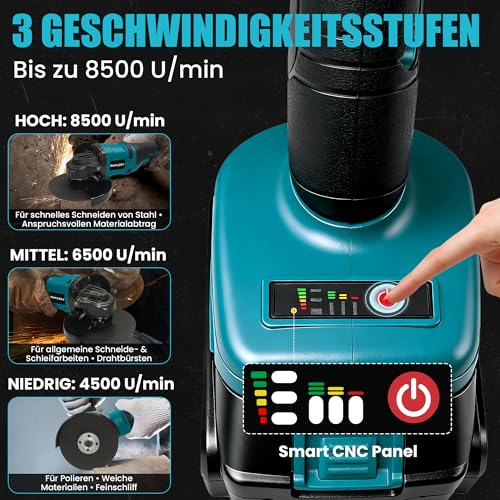 Battery Angle Grinder for Makita 18 V, 125 mm Battery Flex 8500 rpm, 3 Speeds, Cordless Grinder with Non-Slip Handle for Grinding, Cutting and Polishing (without Battery)