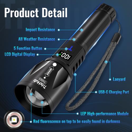 TrixHub Rechargeable LED Flashlights High Lumens 2Pack, Super Bright Zoomable Handheld Flash Light with LCD Digital Display, Powerful Emergency Linternas, Waterproof, Long Lasting, for Hiking Camping