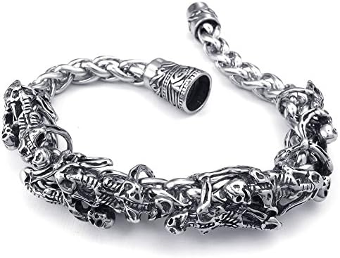 KONOV Mens Stainless Steel Bracelet, Biker Gothic Skull Skeleton, Silver