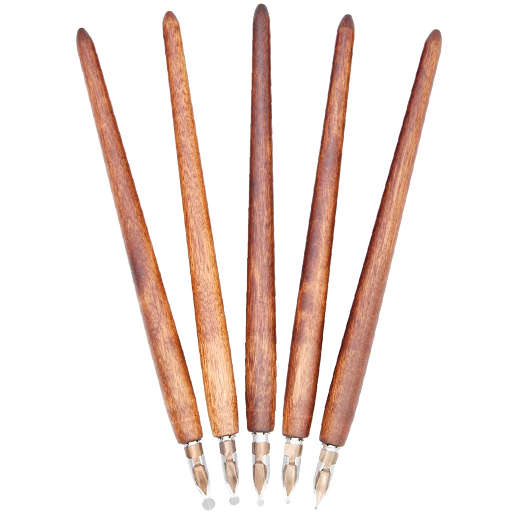 Gullor Wooden Cartoon Pen Set Calligraphy Dip Pens with 5 Size Nibs for Manga/Comic/Word Art/Pen-and-Ink Drawing, Brown