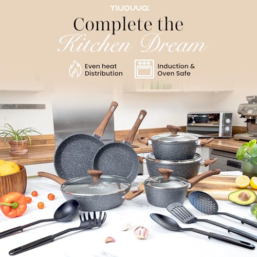 Non Stick Pots and Pans Set – Induction Hob Pots Set – 15pcs Kitchen Cookware with Lids – Cooking Marble Saucepan Pots - by Nuovva