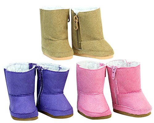 18 Inch Doll Shoe Pack Includes 3 Pairs of Boots: Tan, Pink & Purple Boots