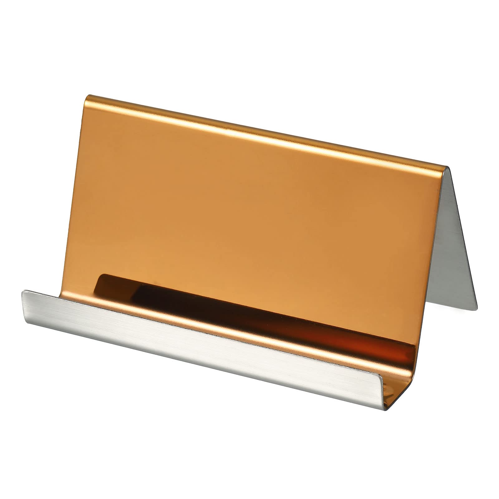PATIKIL Business Card Holder, Reflective 304 Stainless Steel Desktop Name Cards Display Stand for Office Desk, Rose Gold