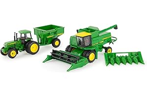 John Deere 1/64 Scale 5 pc Harvesting Set 4555 Tractor, 7720 Combine w/2 Heads, 500 Grain Cart