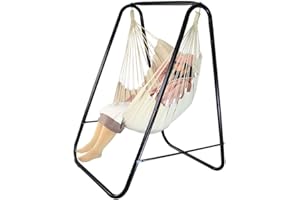 PIRNY Hammock Chair Stand with Large Hanging Padded Indoor Swing,Easy to Assemble Sturdy Hammock Chair with Stand,MAX Capacity up to 500 LBS,Heavy-Duty Steel Hammock Stand for Indoor Outdoor(White)