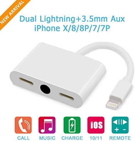 iPhone Adapter, Music &amp; Call &amp; Charge Adapter, Support iOS 11 and before, Dual Lightning &amp; 3.5 mm Jack Earphone Splitter for iPhone X/iPhone 8/iPhone 8 Plus/iPhone 7/iPhone 7 Plus/iPhone 6
