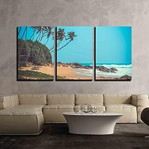 3 Piece Canvas Wall Art - Tropical Beach with Palm in Sri Lanka. Vintage Effect - Modern Home Art Stretched and Framed Ready to Hang - 16"x24"x3 Panels