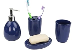 4-Piece Ceramic Bathroom Set (Navy), By Home Basics | Contemporary Design Bathroom Sets | Bath Accessories For Bathroom | Includes Soap Dish, Tumbler, Toothbrush Holder, and Lotion Dispenser