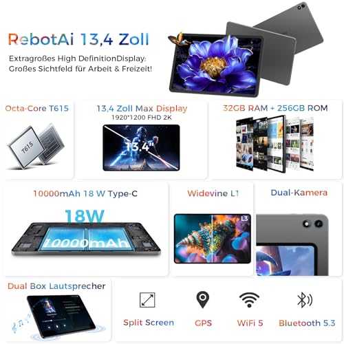 RebotAi 2026 Tablet 13.4 Zoll Android 16 Tablet, 32GB RAM+256GB ROM/1TB TF, 10000mAh Tablet Octa-Core 1920 * 1200 IPS, 5+16MP/GPS/Widevine L1/18W Schnellladung