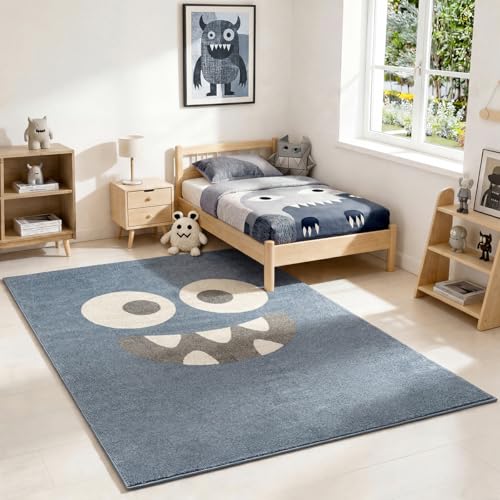the carpet Little Monster Moderner Weicher Kinderteppich, Weicher Flor, Pflegeleicht, Farbecht, Monster Gesicht Motiv, Blau, 120 x 170 cm