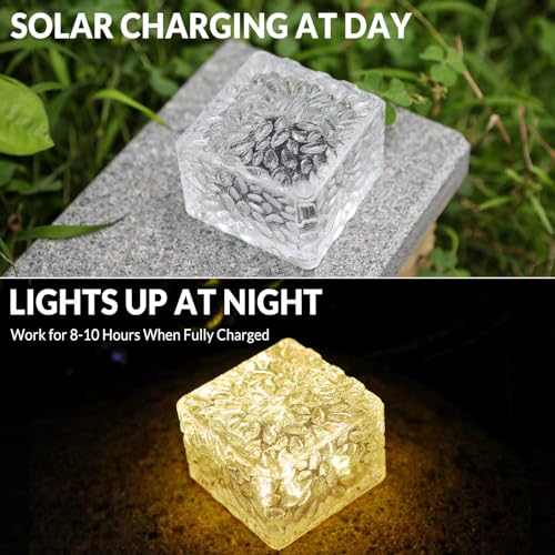 Solar Brick Lights - 6 PCS LED Warm White Outdoor Waterproof Solar Landscape Path Lights, 600mAh, Ice Cube Style for Garden, Patio, Lawn, Yard, Walkway Decor