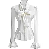 PrettyGuide Women Ruffle Victorian Blouse 50's Retro Silky Bow Tie Steampunk Shirts Tops