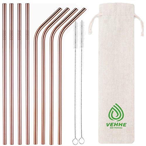 VEHHE Metal Straws 10.5 Drinking Straws Reusable Straws - Ultra Long Rosegold- with Cleaning Brush for 20/30 Oz for Yeti RTIC SIC Ozark Trail Tumblers (Rosegold)